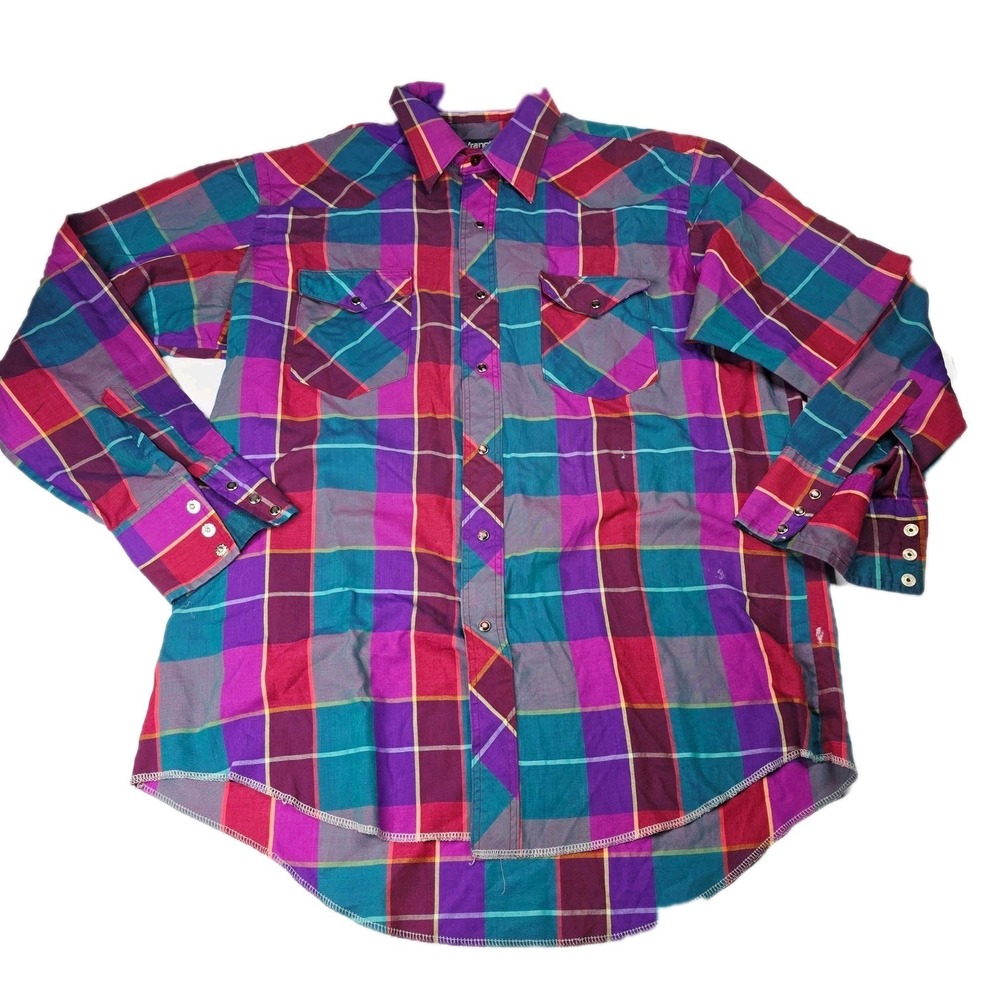 Wrangler Cowboy Cut Plaid Western Shirt Men Size 17 x 34 Purple Teal Red Rodeo